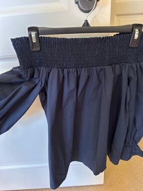 Aritzia Off-Shoulder Smocked Navy Blue Top